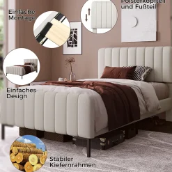 Lit simple 90x200 cm - Lit rembourré avec tête de lit capitonnée - Lin - Matelas Inclus - Gris-Beige>Okwish New