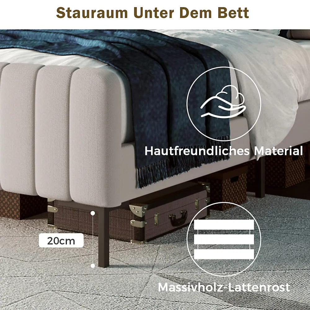 Lit simple 90x200 cm - Lit rembourré avec tête de lit capitonnée - Lin - Matelas Inclus - Gris-Beige>Okwish New