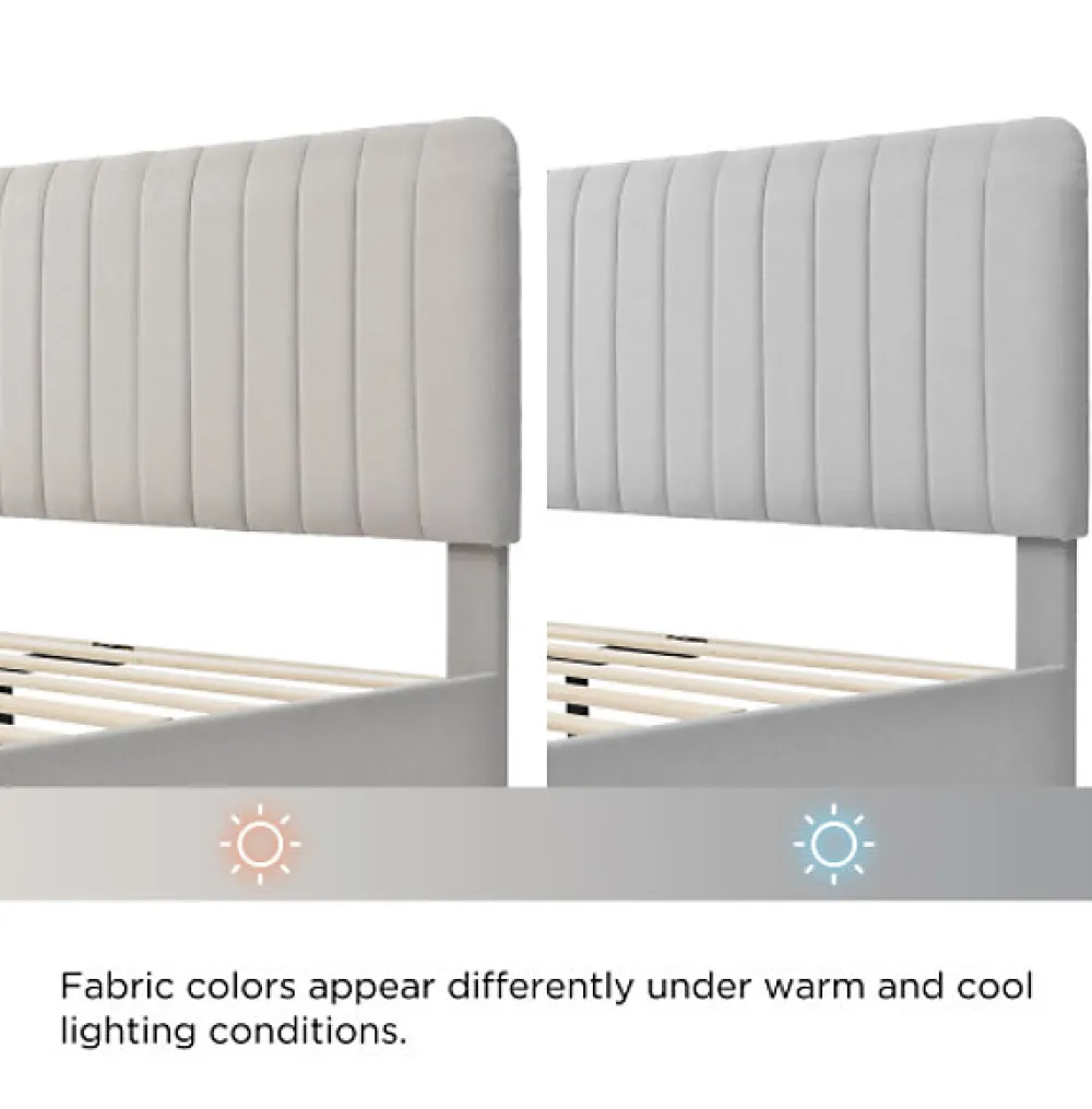 Lit simple 90x200 cm - Lit rembourré avec tête de lit capitonnée - Lin - Matelas Inclus - Gris-Beige>Okwish New