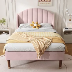 Okwish Lit Simple 90x200 cm - Lit Rembourré ado - Velours - Sans Matelas - Rose* Lit Simple