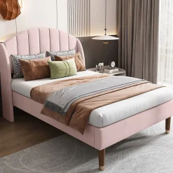 Okwish Lit Simple 90x200 cm - Lit Rembourré ado - Velours - Sans Matelas - Rose* Lit Simple
