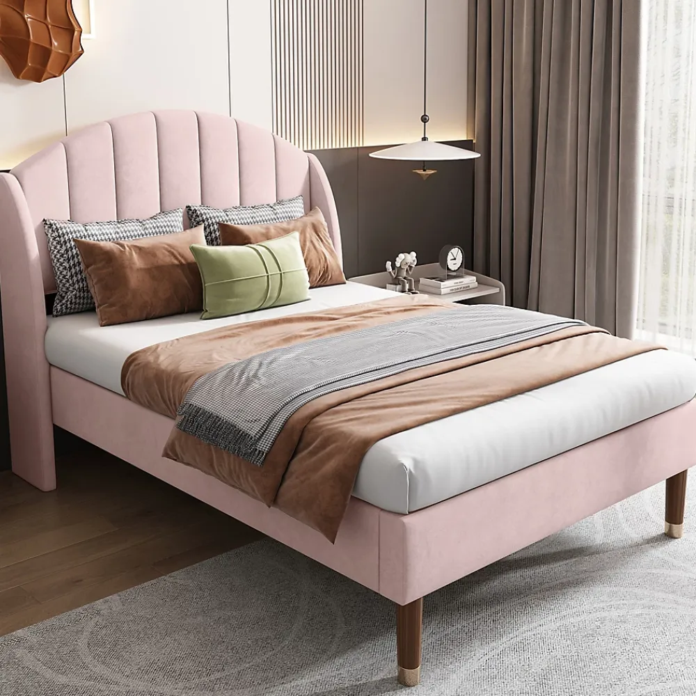Okwish Lit Simple 90x200 cm - Lit Rembourré ado - Velours - Sans Matelas - Rose* Lit Simple