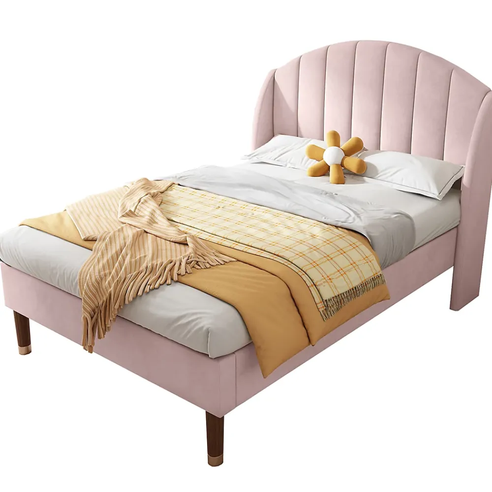 Okwish Lit Simple 90x200 cm - Lit Rembourré ado - Velours - Sans Matelas - Rose* Lit Simple
