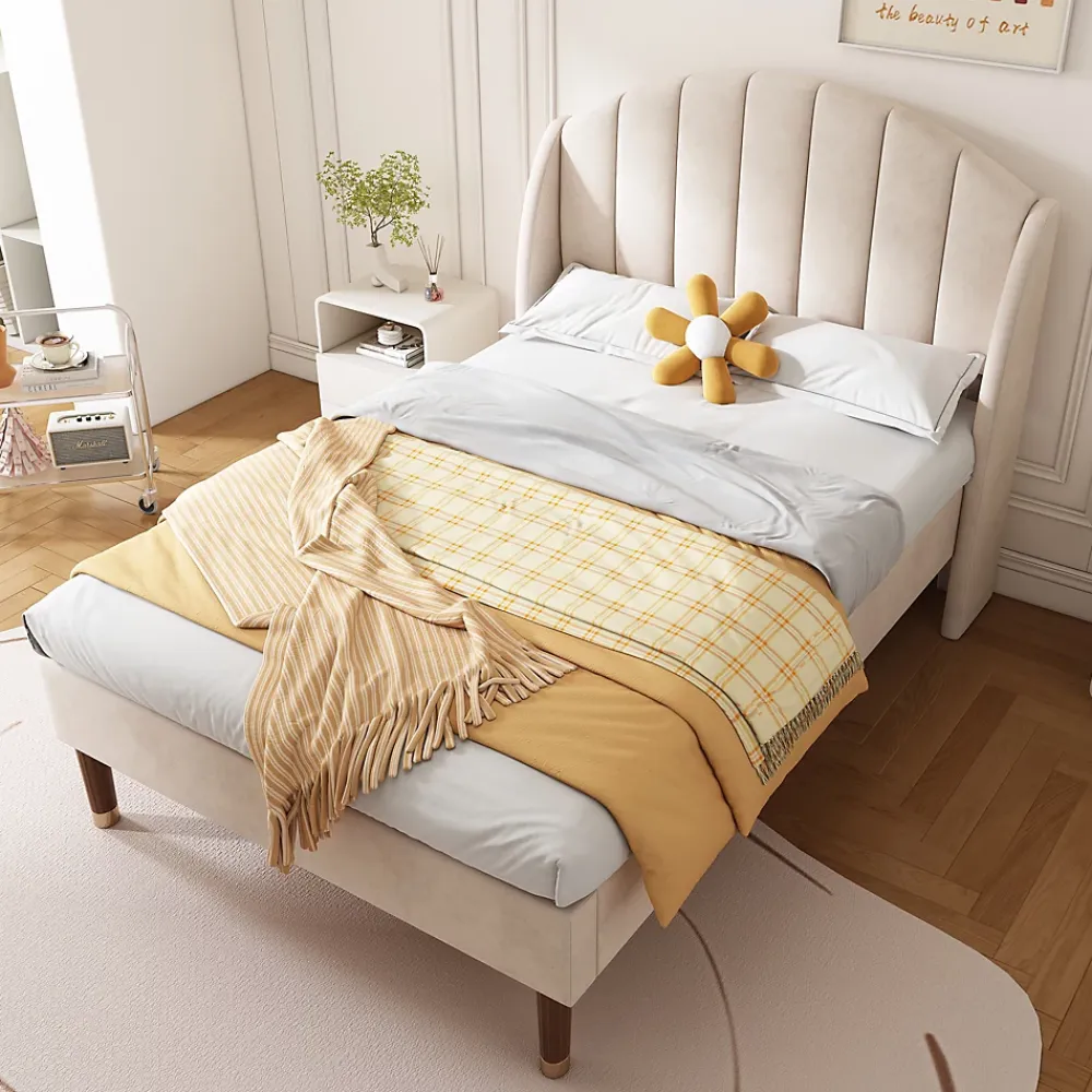 Okwish Lit Simple 90x200 cm - Lit Rembourré ado - Velours - Sans Matelas - Beige* Lit Simple