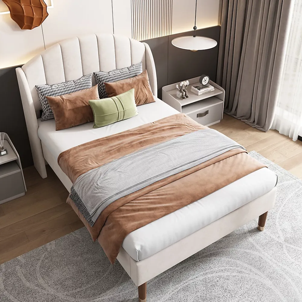 Okwish Lit Simple 90x200 cm - Lit Rembourré ado - Velours - Sans Matelas - Beige* Lit Simple