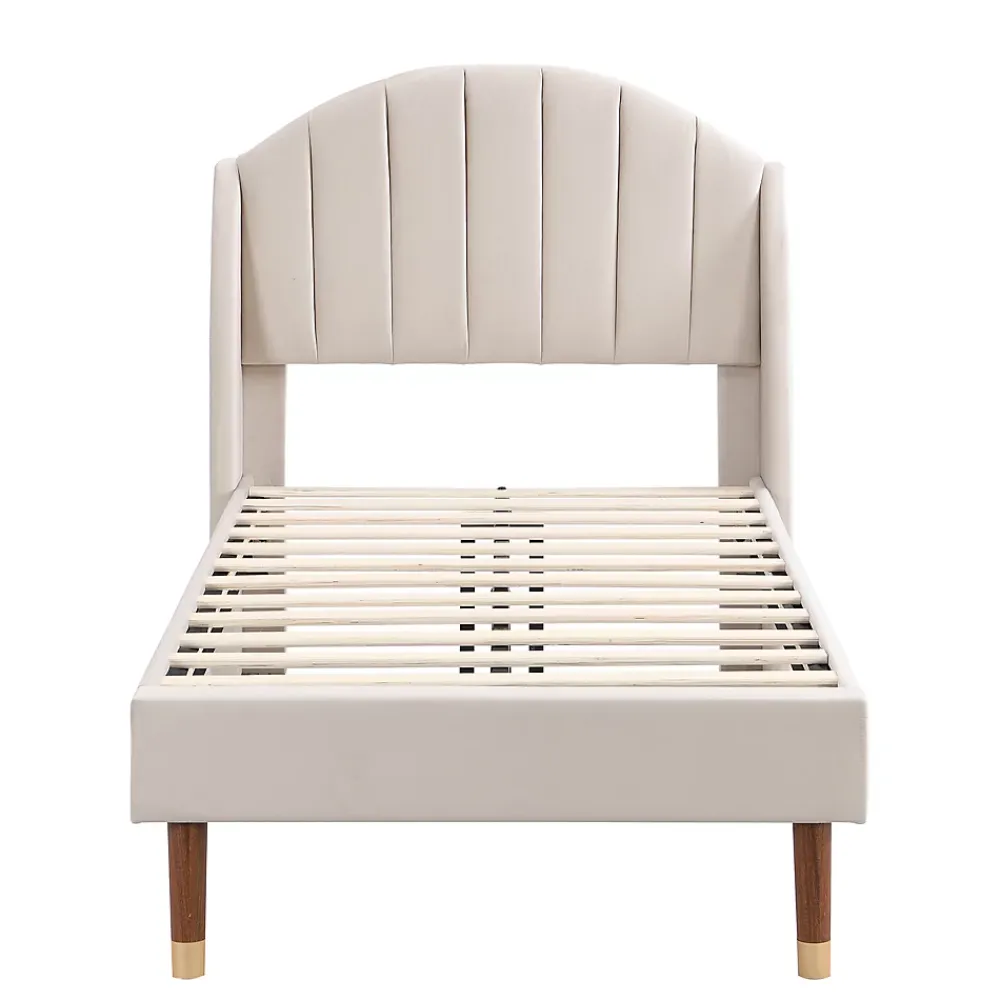 Okwish Lit Simple 90x200 cm - Lit Rembourré ado - Velours - Sans Matelas - Beige* Lit Simple