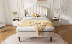 Okwish Lit Simple 90x200 cm - Lit Rembourré ado - Velours - Sans Matelas - Beige* Lit Simple