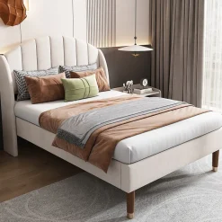 Okwish Lit Simple 90x200 cm - Lit Rembourré ado - Velours - Sans Matelas - Beige* Lit Simple