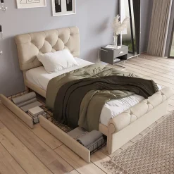 Okwish Lit simple 90x200 cm - Lit simple capitonné avec 2 Tiroirs et Tête de Lit Réglable, Gris Clair, Sans Matelas* Lit Simple