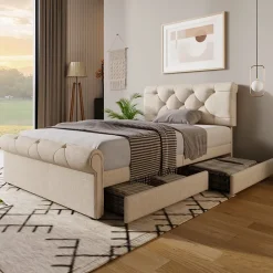 Okwish Lit simple 90x200 cm - Lit simple capitonné avec 2 Tiroirs et Tête de Lit Réglable, Gris Clair, Sans Matelas* Lit Simple