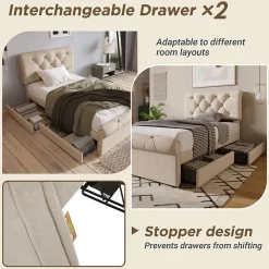 Okwish Lit simple 90x200 cm - Lit simple capitonné avec 2 Tiroirs et Tête de Lit Réglable, Gris Clair, Sans Matelas* Lit Simple