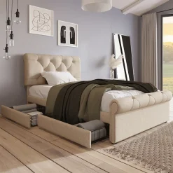 Okwish Lit simple 90x200 cm - Lit simple capitonné avec 2 Tiroirs et Tête de Lit Réglable, Gris Clair, Sans Matelas* Lit Simple