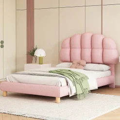 Lit simple 90x200 cm, avec tête de lit en forme de cercle guimauve, cadre en métal, lit capitonné en sherpa - Rose>Generique Outlet