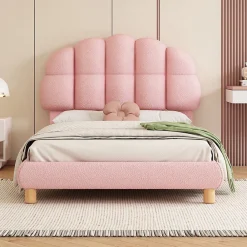 Lit simple 90x200 cm, avec tête de lit en forme de cercle guimauve, cadre en métal, lit capitonné en sherpa - Rose>Generique Outlet