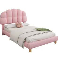 Lit simple 90x200 cm, avec tête de lit en forme de cercle guimauve, cadre en métal, lit capitonné en sherpa - Rose><noscript><img width=