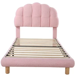 Lit simple 90x200 cm, avec tête de lit en forme de cercle guimauve, cadre en métal, lit capitonné en sherpa - Rose><noscript><img width=
