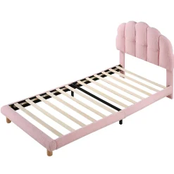 Lit simple 90x200 cm, avec tête de lit en forme de cercle guimauve, cadre en métal, lit capitonné en sherpa - Rose><noscript><img width=