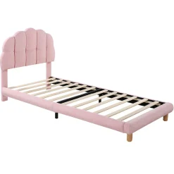 Lit simple 90x200 cm, avec tête de lit en forme de cercle guimauve, cadre en métal, lit capitonné en sherpa - Rose><noscript><img width=