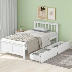Lit Simple 90x200 cm Bois - Lit Ado ou Adulte avec Rangement Intégré sous le Sommier - Sans Matelas - Bois de Pin + MDF - Blanc>Okwish Sale