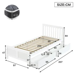 Lit Simple 90x200 cm Bois - Lit Ado ou Adulte avec Rangement Intégré sous le Sommier - Sans Matelas - Bois de Pin + MDF - Blanc><noscript><img width=