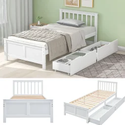 Lit Simple 90x200 cm Bois - Lit Ado ou Adulte avec Rangement Intégré sous le Sommier - Sans Matelas - Bois de Pin + MDF - Blanc><noscript><img width=