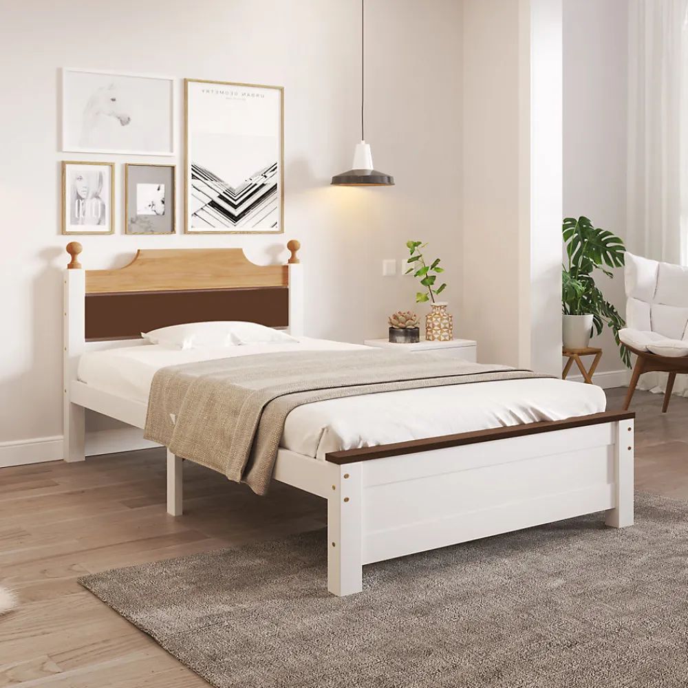 Lit simple 90x200 cm en bois de pin avec pied central, tête et pied en MDF, design Colour-Blocking blanc, lit pour ado et adulte>ProximaX Clearance