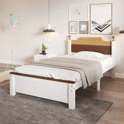 Lit simple 90x200 cm en bois de pin avec pied central, tête et pied en MDF, design Colour-Blocking blanc, lit pour ado et adulte>ProximaX Clearance