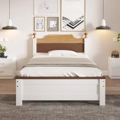 Lit simple 90x200 cm en bois de pin avec pied central, tête et pied en MDF, design Colour-Blocking blanc, lit pour ado et adulte><noscript><img width=