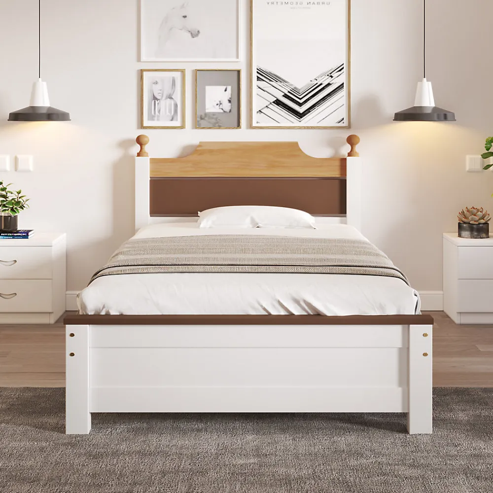 Lit simple 90x200 cm en bois de pin avec pied central, tête et pied en MDF, design Colour-Blocking blanc, lit pour ado et adulte>ProximaX Clearance