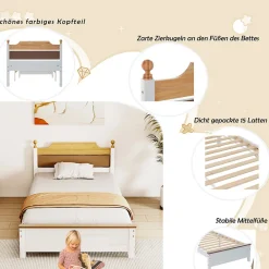 Lit simple 90x200 cm en bois de pin avec pied central, tête et pied en MDF, design Colour-Blocking blanc, lit pour ado et adulte><noscript><img width=
