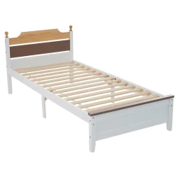 Lit simple 90x200 cm en bois de pin avec pied central, tête et pied en MDF, design Colour-Blocking blanc, lit pour ado et adulte><noscript><img width=