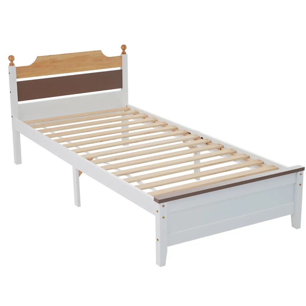 Lit simple 90x200 cm en bois de pin avec pied central, tête et pied en MDF, design Colour-Blocking blanc, lit pour ado et adulte>ProximaX Clearance