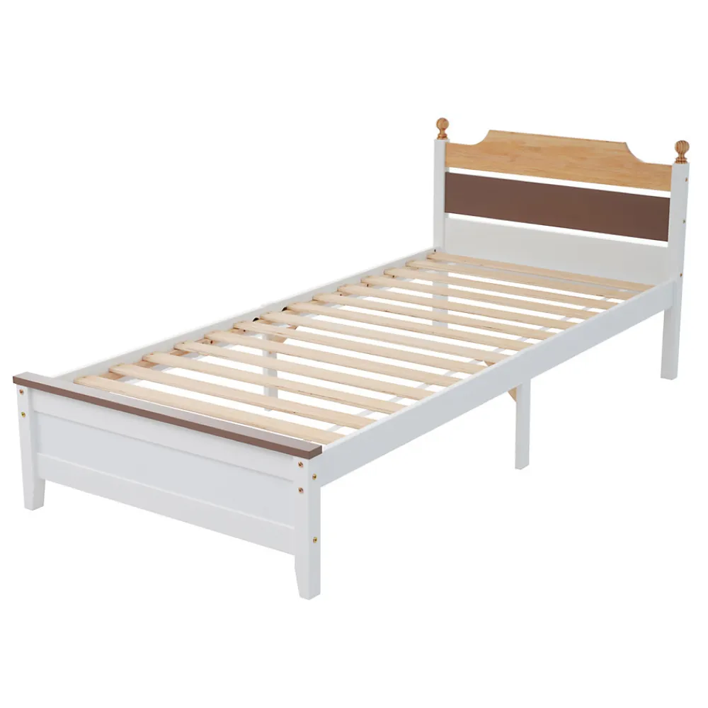 Lit simple 90x200 cm en bois de pin avec pied central, tête et pied en MDF, design Colour-Blocking blanc, lit pour ado et adulte>ProximaX Clearance