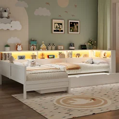 Lit simple 90x200 cm en forme de L - Avec lit gigogne et 1 tiroir - LED et port USB - MDF - Blanc (sans matelas)>ModernLuxe Hot