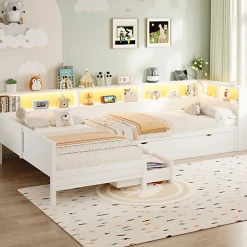 Lit simple 90x200 cm en forme de L - Avec lit gigogne et 1 tiroir - LED et port USB - MDF - Blanc (sans matelas)>ModernLuxe Hot