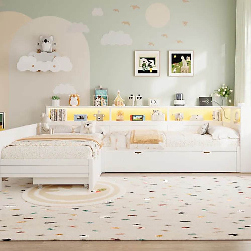 Lit simple 90x200 cm en forme de L - Avec lit gigogne et 1 tiroir - LED et port USB - MDF - Blanc (sans matelas)>ModernLuxe Hot