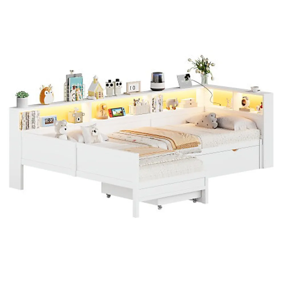 Lit simple 90x200 cm en forme de L - Avec lit gigogne et 1 tiroir - LED et port USB - MDF - Blanc (sans matelas)>ModernLuxe Hot