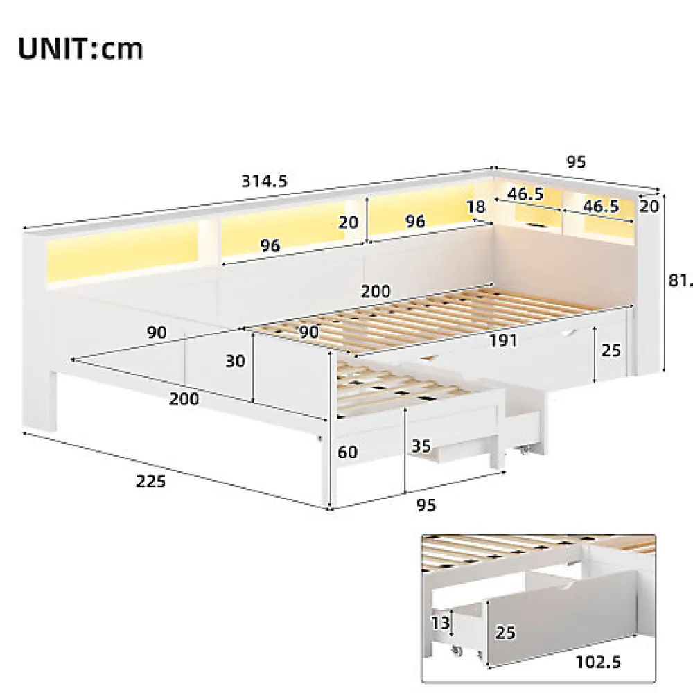 Lit simple 90x200 cm en forme de L - Avec lit gigogne et 1 tiroir - LED et port USB - MDF - Blanc (sans matelas)>ModernLuxe Hot