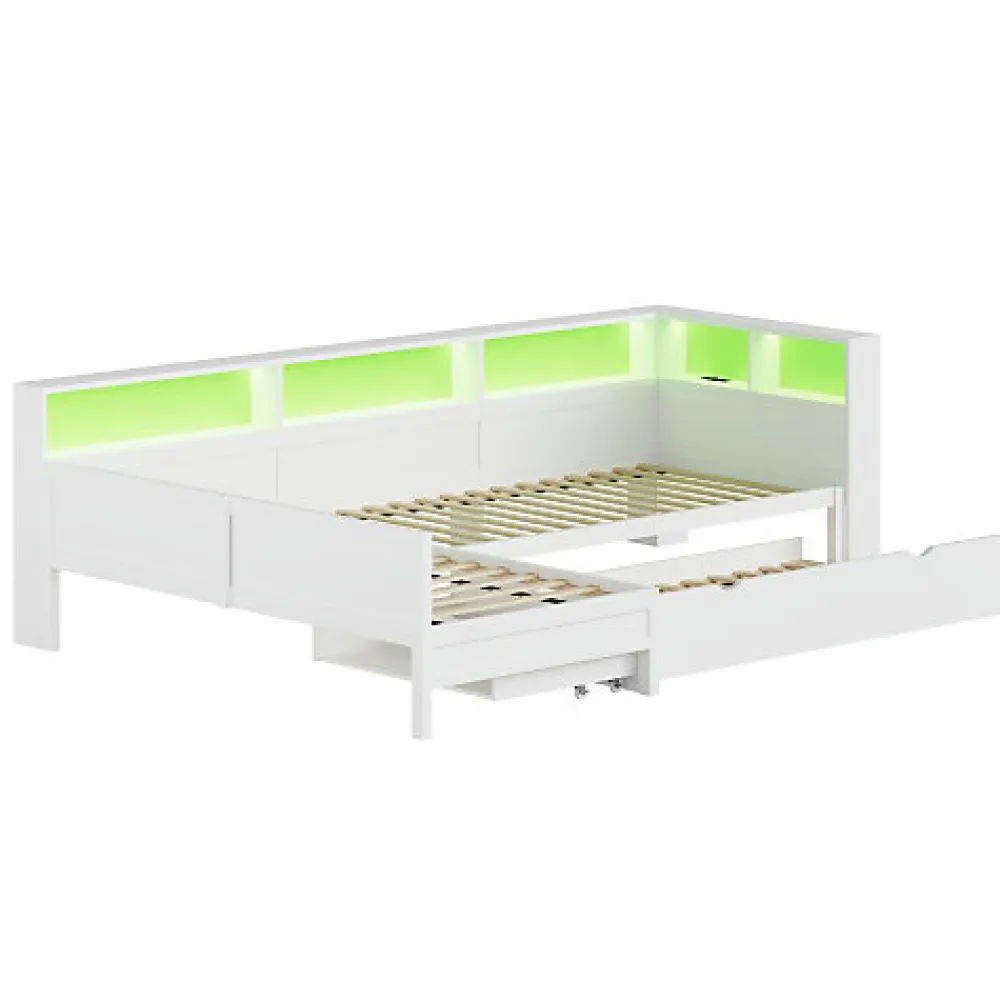 Lit simple 90x200 cm en forme de L - Avec lit gigogne et 1 tiroir - LED et port USB - MDF - Blanc (sans matelas)>ModernLuxe Hot