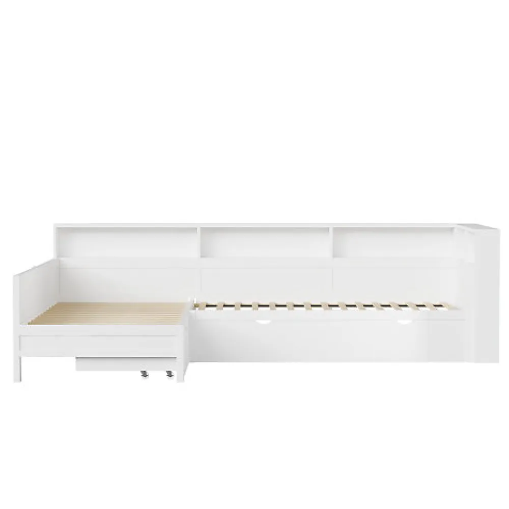 Lit simple 90x200 cm en forme de L - Avec lit gigogne et 1 tiroir - LED et port USB - MDF - Blanc (sans matelas)>ModernLuxe Hot
