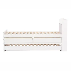 Redom Lit simple 90x190 cm en pin massif avec sommier tiroir table de chevet étagères port USB blanc* Lit Avec Rangement