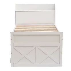 Redom Lit simple 90x190 cm en pin massif avec sommier tiroir table de chevet étagères port USB blanc* Lit Avec Rangement