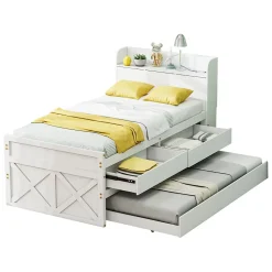 Redom Lit simple 90x190 cm en pin massif avec sommier tiroir table de chevet étagères port USB blanc* Lit Avec Rangement