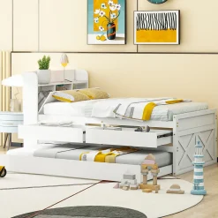 Redom Lit simple 90x190 cm en pin massif avec sommier tiroir table de chevet étagères port USB blanc* Lit Avec Rangement