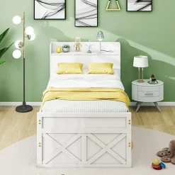 Redom Lit simple 90x190 cm en pin massif avec sommier tiroir table de chevet étagères port USB blanc* Lit Avec Rangement