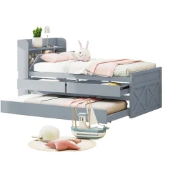 Lit simple 90x190 cm en pin massif avec sommier tiroir table de chevet étagères port USB gris>Redom Online