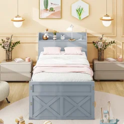 Lit simple 90x190 cm en pin massif avec sommier tiroir table de chevet étagères port USB gris>Redom Online