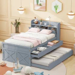 Lit simple 90x190 cm en pin massif avec sommier tiroir table de chevet étagères port USB gris><noscript><img width=