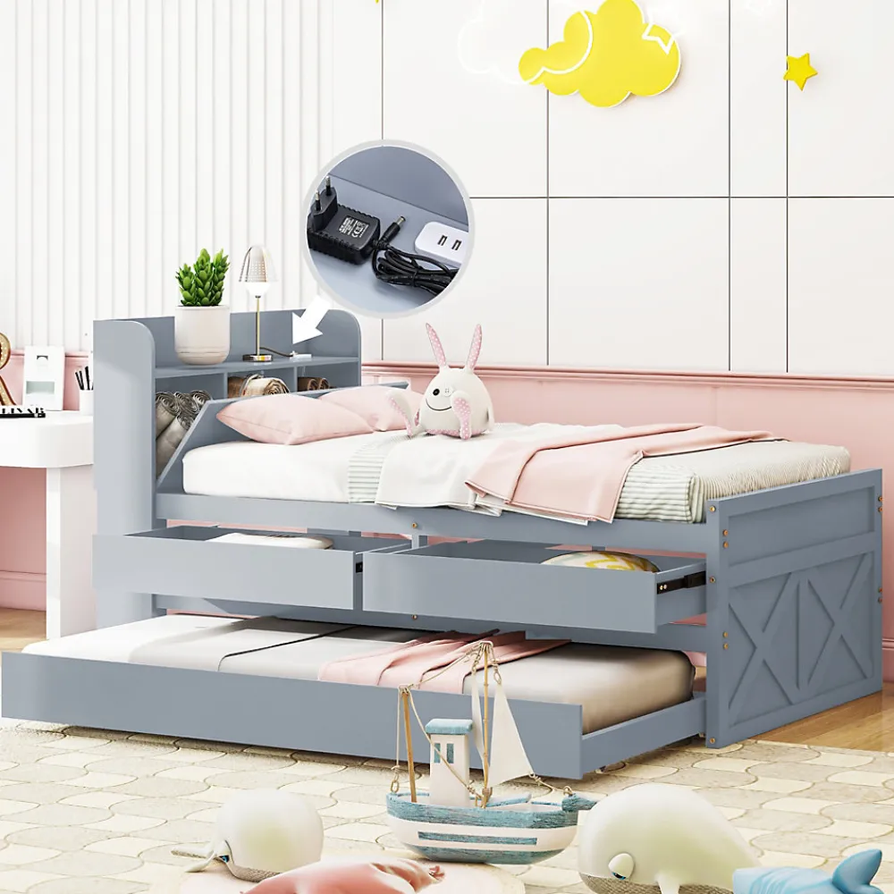 Lit simple 90x190 cm en pin massif avec sommier tiroir table de chevet étagères port USB gris>Redom Online