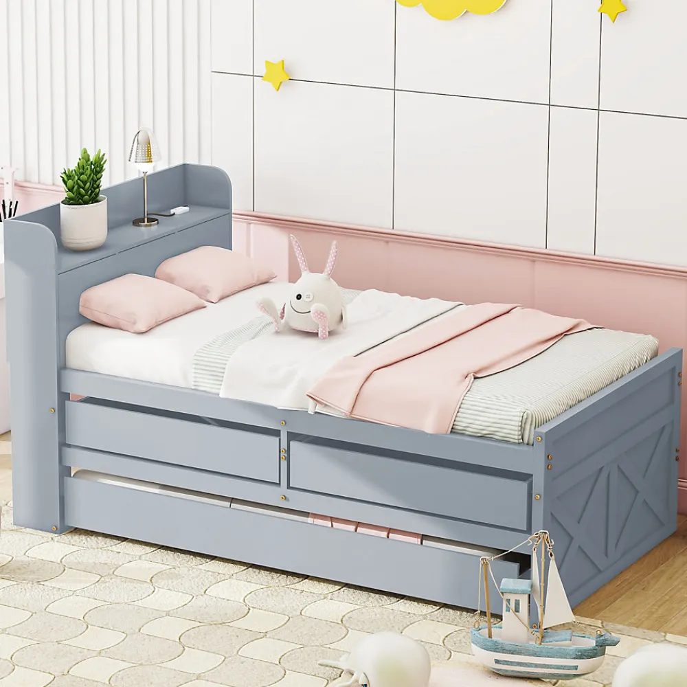 Lit simple 90x190 cm en pin massif avec sommier tiroir table de chevet étagères port USB gris>Redom Online